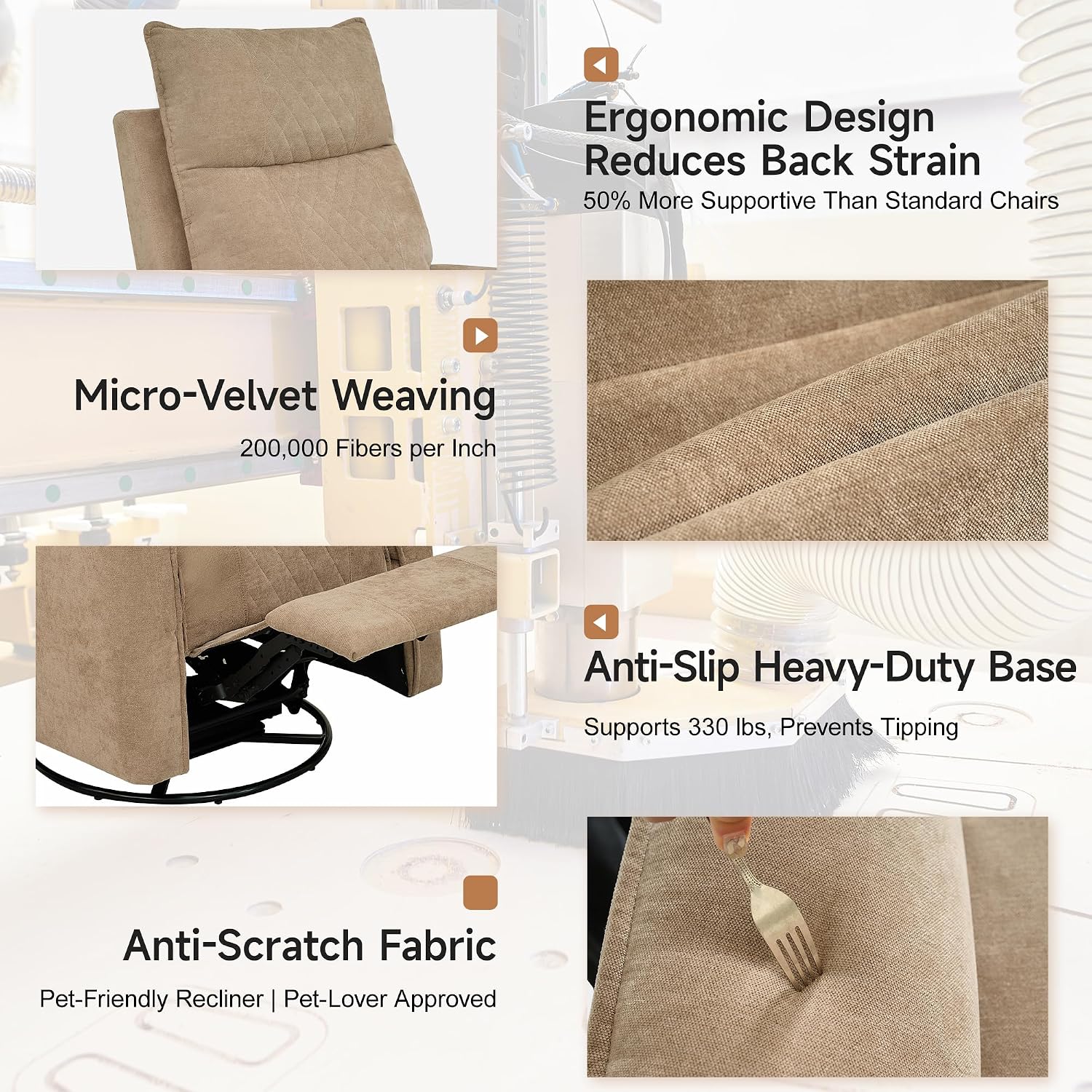 Swivel Rocker Recliner Chair for Adults, Rocking Chair, Small Swivel Recliner for Small Spaces, Living Room, Bedroom, RV(Khaki)