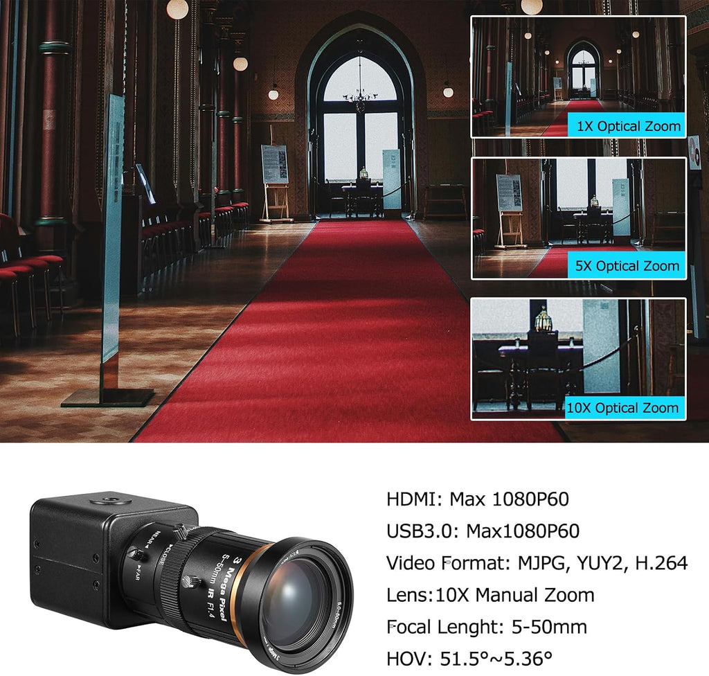 HDMI USB3.0 Dual Output HD YUY2 1080P 60fps Digital Security Camera, Industry Digital C-Mount with Manual 5-50mm Varifocal HD Lens, OSD Menu via Remote Controller