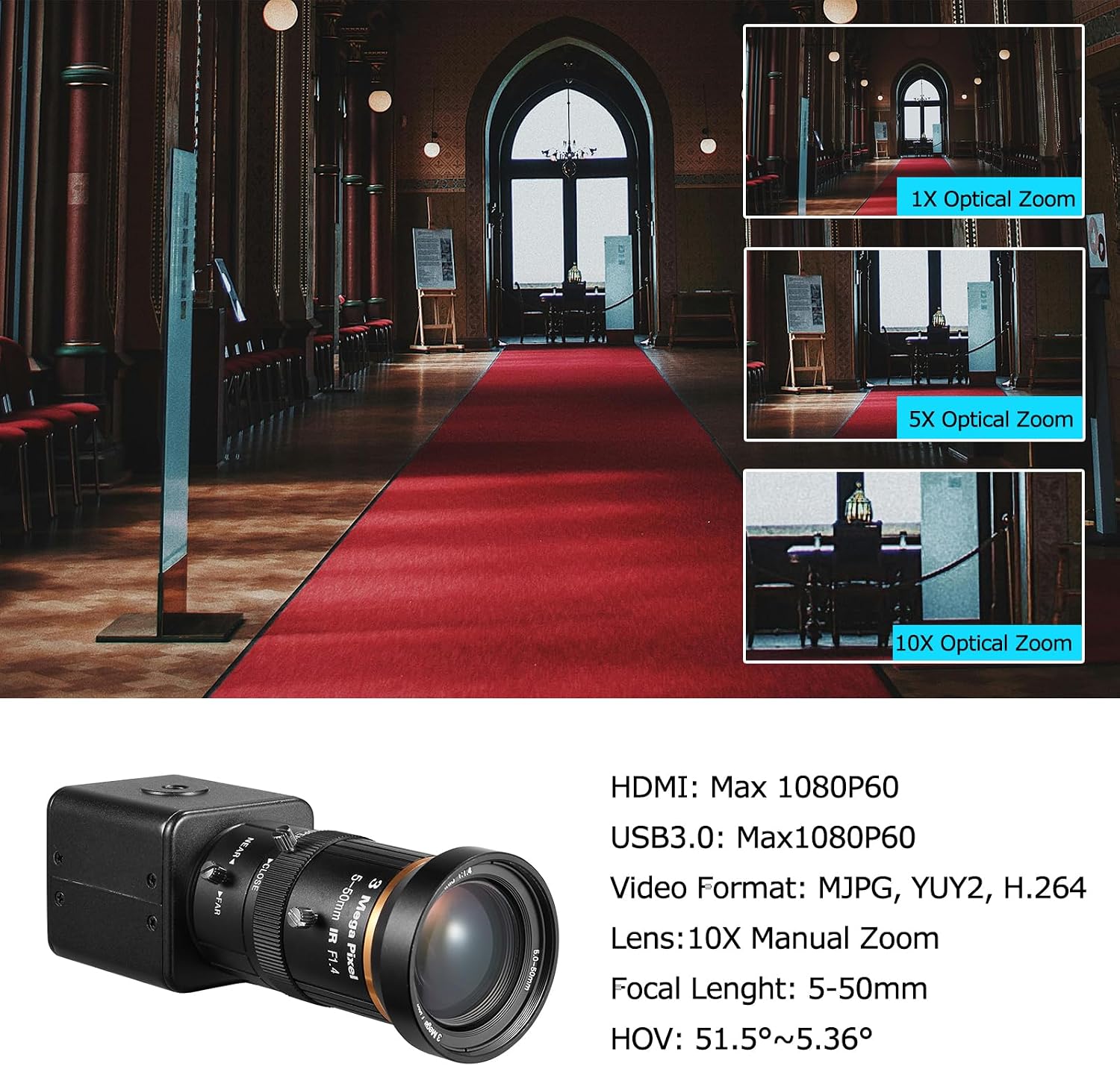 HDMI USB3.0 Dual Output HD YUY2 1080P 60fps Digital Security Camera, Industry Digital C-Mount with Manual 5-50mm Varifocal HD Lens, OSD Menu via Remote Controller