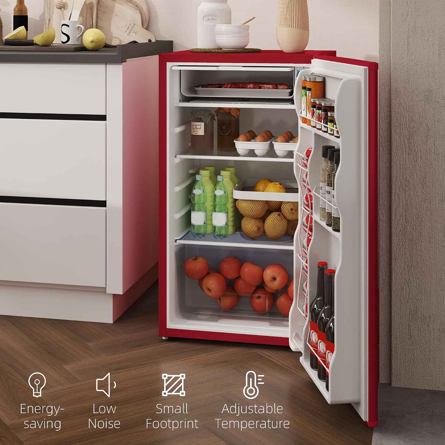 HOMCOM 3.2 Cu.Ft Mini Fridge with Freezer, Compact Refrigerator with Adjustable Thermostat, Shelf and Single Reversible Door for Bedroom, Dorm, Home Office, Energy Efficient, Red