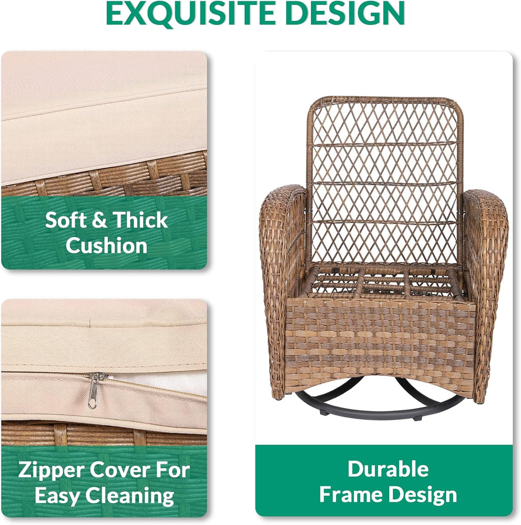 VIVIJASON 3-Piece Outdoor Conversation Bistro Set, Patio Swivel Glider Rocking Chairs Rattan Furniture Sets w/ 2 Rattan Chairs, Cushions, Glass Top Side Table for Porch Backyard, Light Brown