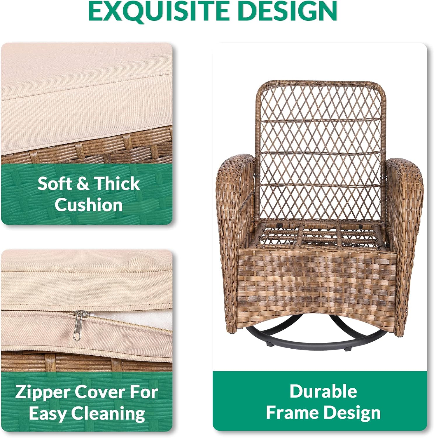 VIVIJASON 3-Piece Outdoor Conversation Bistro Set, Patio Swivel Glider Rocking Chairs Rattan Furniture Sets w/ 2 Rattan Chairs, Cushions, Glass Top Side Table for Porch Backyard, Light Brown