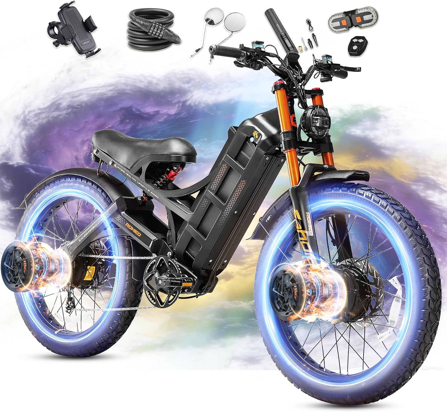eAhora 2026 Romeo Pro3/2 50/46Mph Ebike 5600/4000W Dual Motor 200+Miles Electric Bike for Adults, 52V/70Ah 60V/80Ah Long Range 26 * 4.0' Fat Tire Full Suspension Electric Mountain Bike