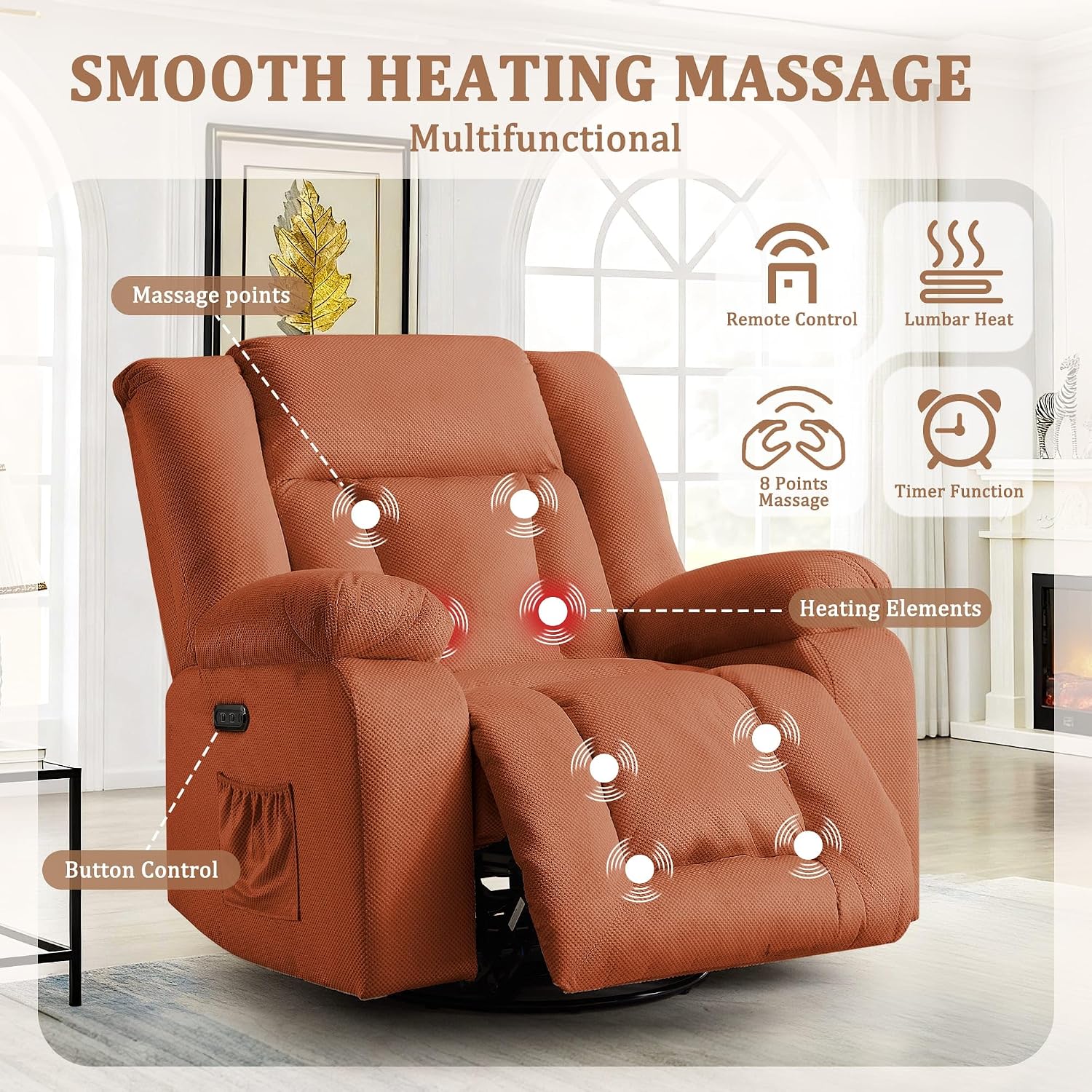 Korser Rocker Recliner Chairs for Adults, Swivel Rocking Chair with Heat and Massage, Modern Electric Recliner with Extra Wide, Waffle Fabric Massage Chair Recliner for Living Room, Bedroom