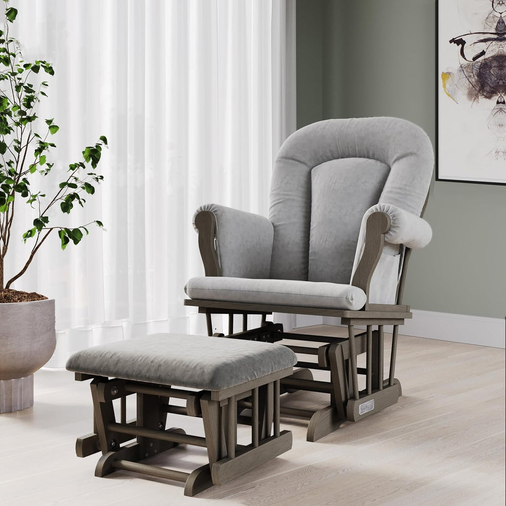 Child Craft Cozy Glider Rocker and Ottoman Set, Smooth Quiet Gliding Motion, Padded Cushion with Convenient Storage Pockets, Solid Wood Base & Frame (Dapper Gray with Light Gray Cushion)