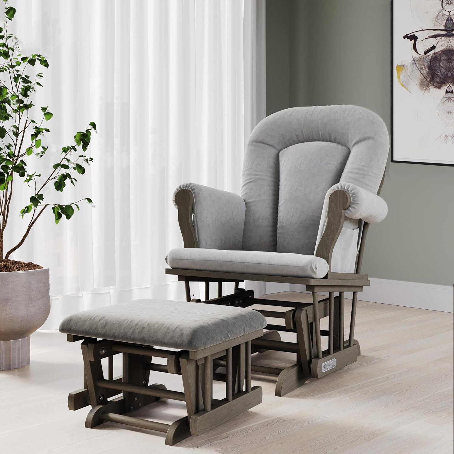 Child Craft Cozy Glider Rocker and Ottoman Set, Smooth Quiet Gliding Motion, Padded Cushion with Convenient Storage Pockets, Solid Wood Base & Frame (Dapper Gray with Light Gray Cushion)