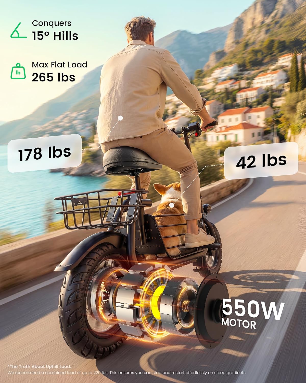 Gyroor C1S Electric Scooter with Seat for Adults - 550W Motor, Pet Basket, 19 MPH Top Speed, 20 Miles Range, 12' Pneumatic Tires, Foldable Commuting Scooter, Black