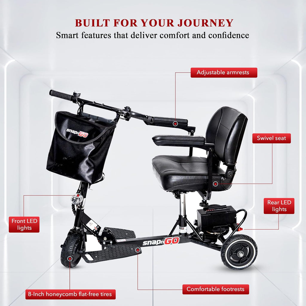 SNAPnGO Three Wheel Portable Mobility Adult Scooter - Aircraft-Grade Aluminum Frame for Top Speeds of 5mph and 13-Mile Range - Folding Feature, 250W Motor, Quick Charge 36V Lightweight Battery