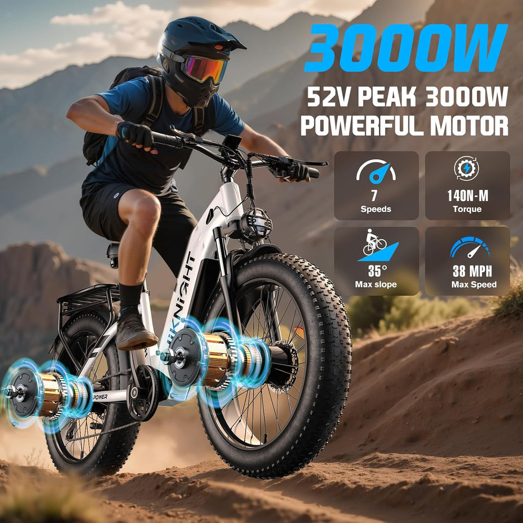 Dual Motor Ebike, 3000W Electric Bike for Adults, 52V 20Ah 26' Fat Tire Fast Ebike Max 38 Mph, up to 90 Miles, Off-Road Mountain E-Bike for Men Women, Step-Through Design