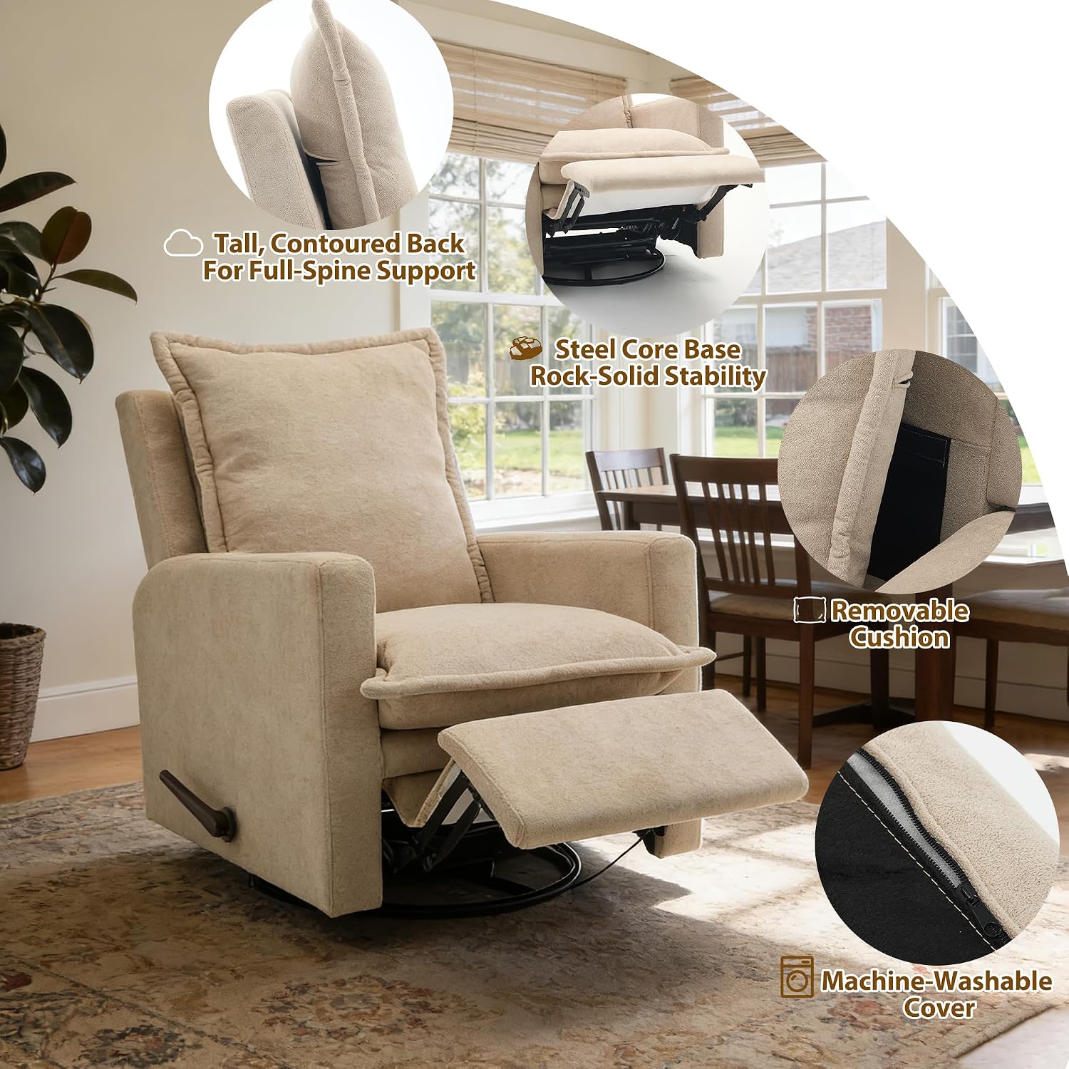Rocking Chair Nursery Swivel Rocker Recliner Chair, High Back Adult Manual Recliner for Small Spaces, Glider Rocking Reclining Sofa for Living Room Bedroom, Beige