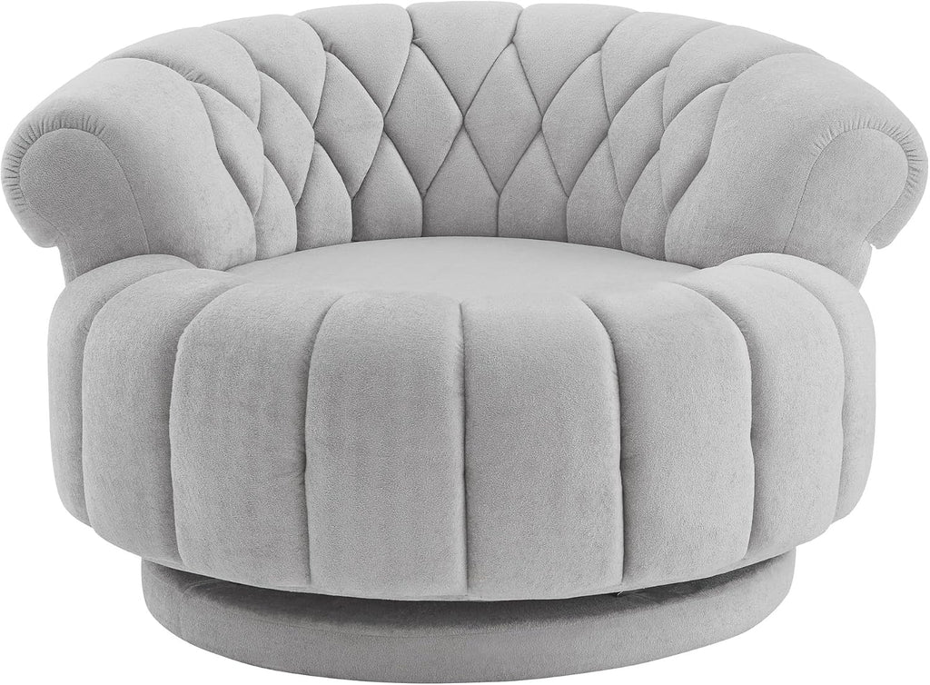 360° Swivel Accent Chair, Chenille Fabric Barrel Swivel Chair Round Club Chair with Curved Armrests & Thick Cushioning, Stylish Channel-Tufted & Diamond-Quilted Backrest for Living Room (Gray,02)