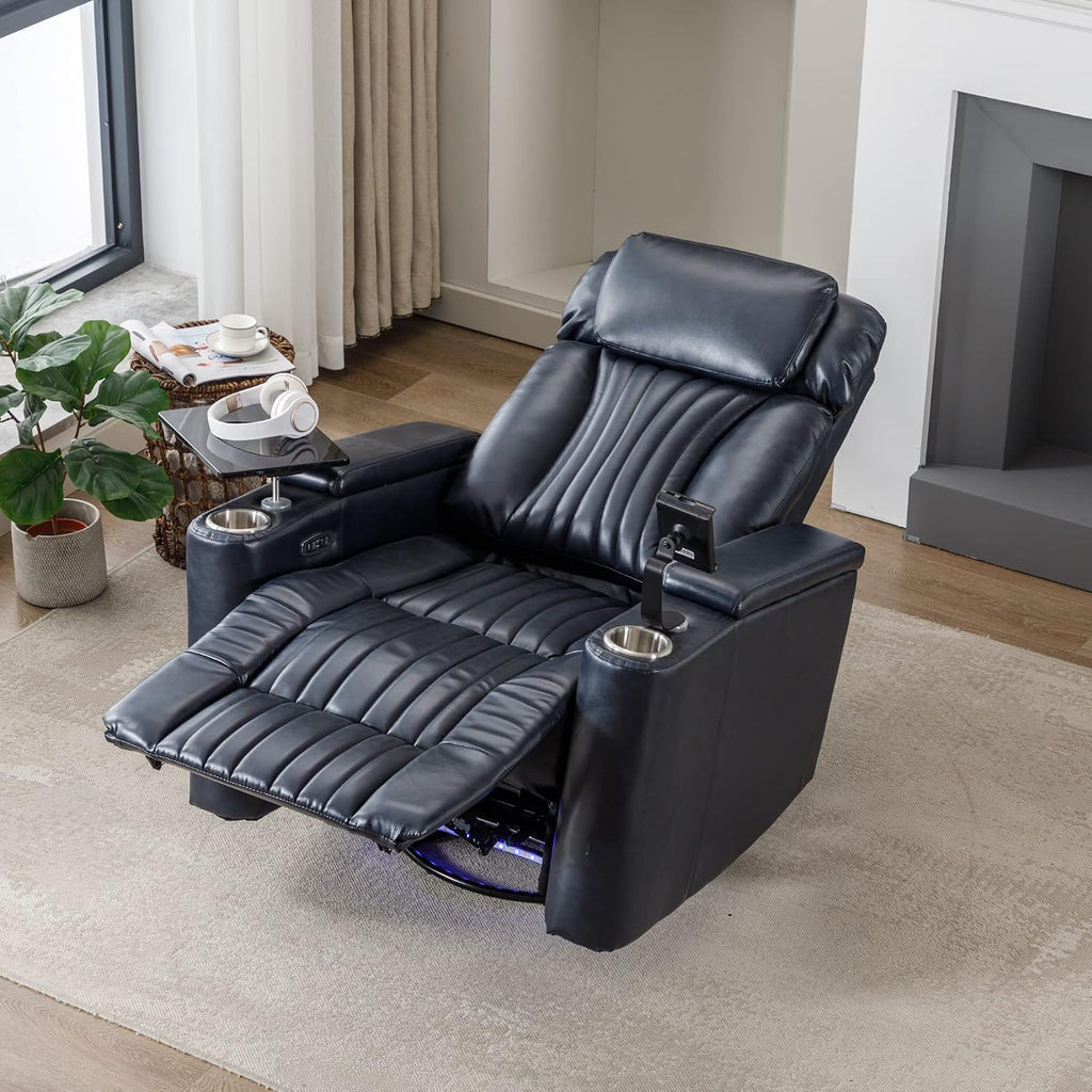 Recliner Chair, 270° Power Swivel Recliner Chair with 360° Swivel Tray Table and Cell Phone Holder, Cup Holder, Home Theater Seating with Hidden Arm Storage, Soft Living Room Chair (Blue/27)