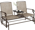 Outsunny Outdoor Glider Bench with Center Table, Metal Frame Patio Loveseat with Breathable Mesh Fabric and Armrests for Backyard Garden Porch, Brown