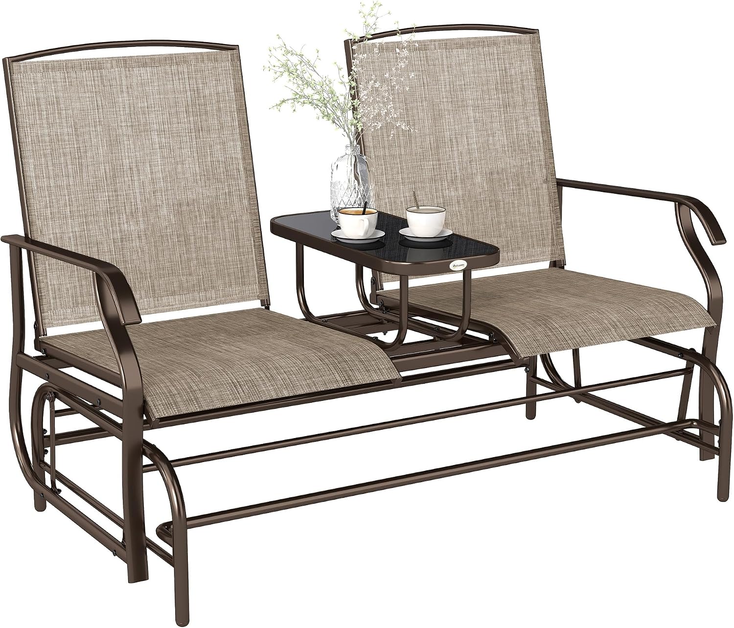 Outsunny Outdoor Glider Bench with Center Table, Metal Frame Patio Loveseat with Breathable Mesh Fabric and Armrests for Backyard Garden Porch, Brown