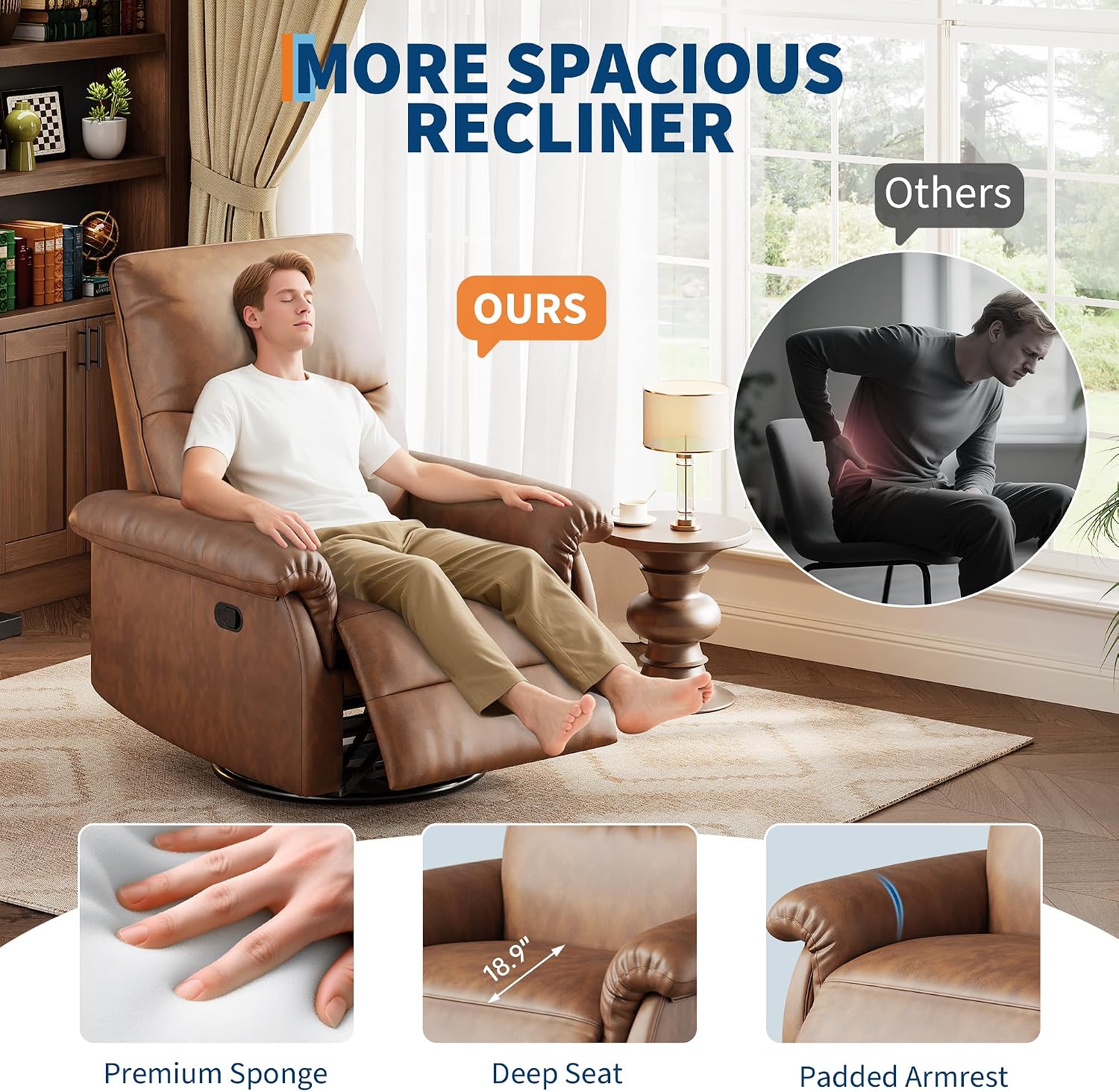 IDEALHOUSE Manual Recliner Chair, 360° Swivel Rocker Glider Recliner with Padded Armrests, Modern PU Leather Upholstered Reclining Chair for Living Room Bedroom and Nursery (Orange)
