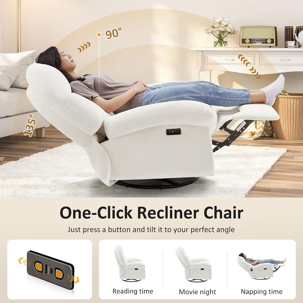 VANOMi Power Recliner Chair with USB & Type-C Charging, 270° Swivel Glider Rocker, Electric Nursery Recliner for Living Room, Bedroom, and Office, White