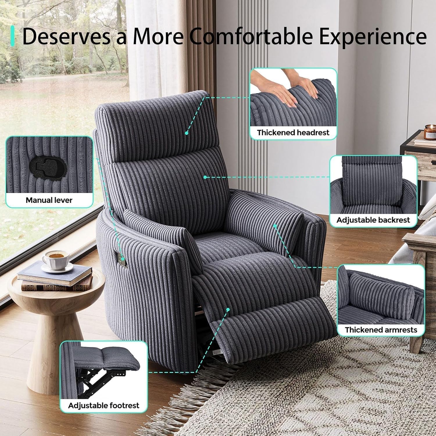 LINSY 360 Swivel Recliner Chair, Nursery Glider Rocking Chair with 2 Pillows, Corduroy Nursing Chair Comfy High Back Adult Rocker Recliner for Small Spaces, Nursery Bedroom Living Room (Gray)