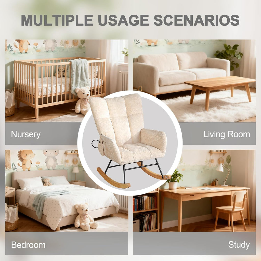 Rocking Chair Nursery with Airbag, Nursery Rocking Reading Chair Indoor, Cozy Upholstered Glider Rocker Chairs for Living Room Bedroom Offices, Sillas Mecedoras(Chenille, Beige)