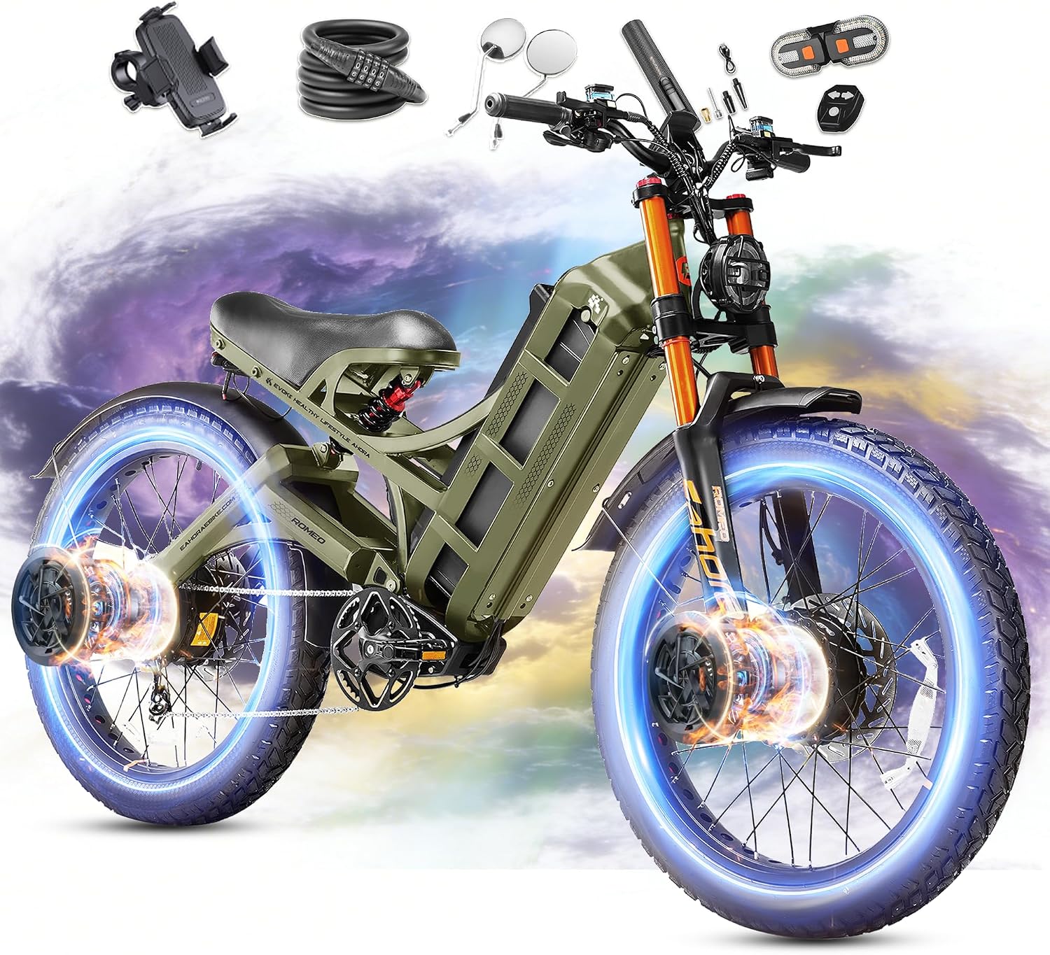 eAhora 2026 Romeo Pro3/2 50/46Mph Ebike 5600/4000W Dual Motor 200+Miles Electric Bike for Adults, 52V/70Ah 60V/80Ah Long Range 26 * 4.0' Fat Tire Full Suspension Electric Mountain Bike