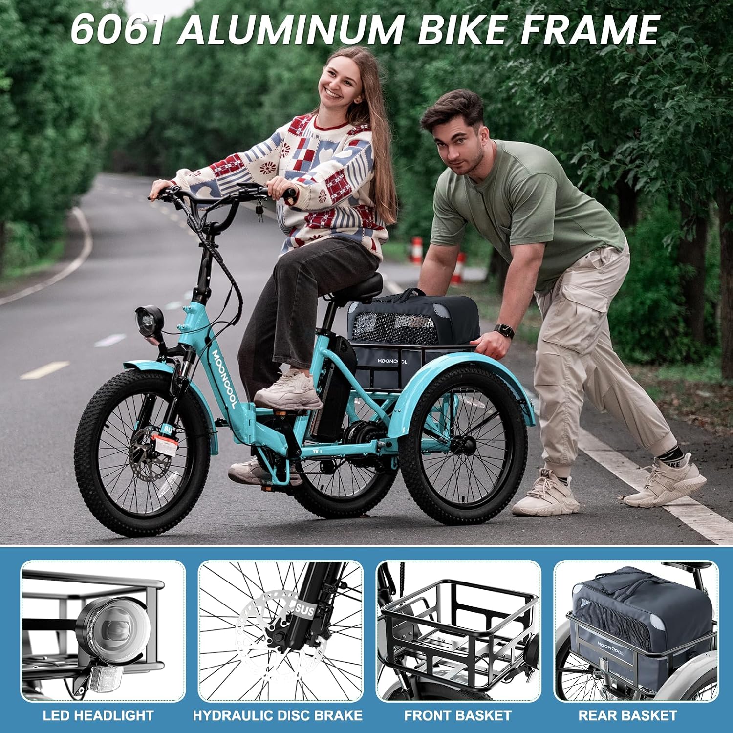 MOONCOOL Folding Electric Tricycle for Adults, 48V 500W 3 Wheels Electric Trike, Aluminum Frame Electric Tricycle Adult Bicycle with Removable Battery, Storage Bags Included
