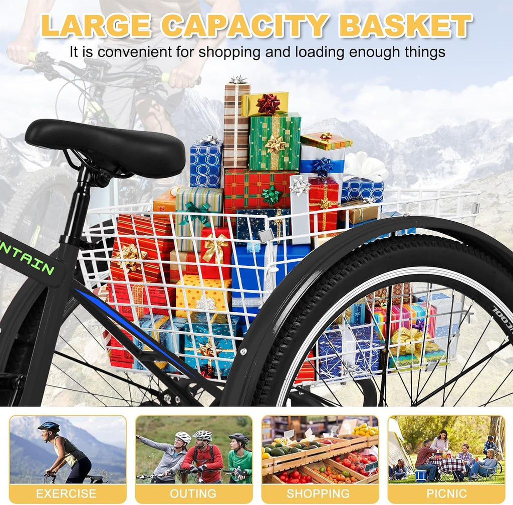 NAIZEA Adult Mountain Tricycle, 7 Speed Three Wheel Cruiser Bike, 27.5 Inch Adults Trikes with Shopping Basket, Exercise Men's Women's Tricycles, Multiple Colors