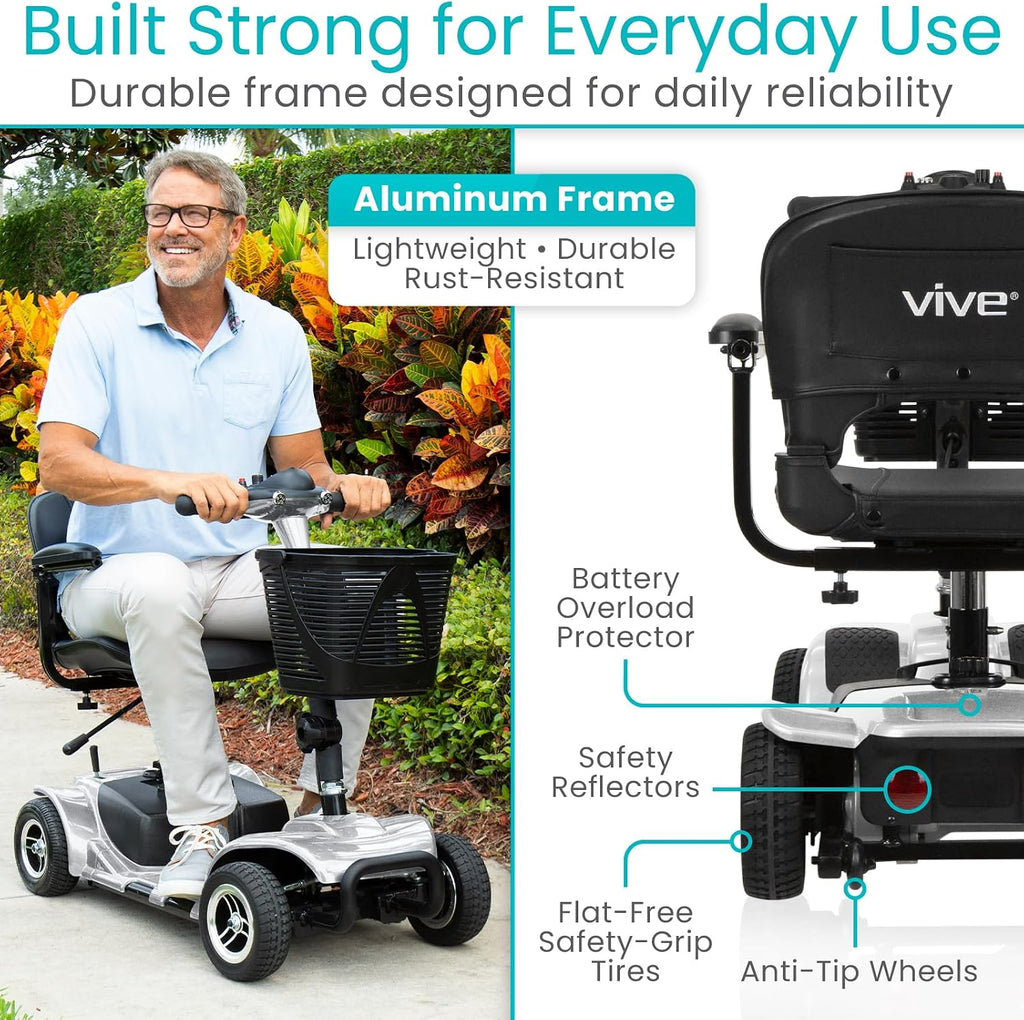 Vive 4 Wheel Mobility Scooter - Electric Powered Wheelchair Device - Compact Heavy Duty Mobile for Travel, Adults, Elderly - Long Range Power Extended Battery with Charger & Basket