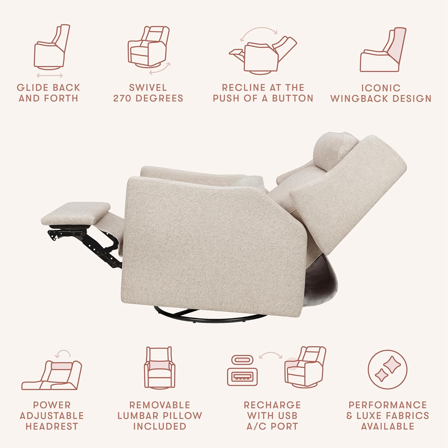 Babyletto Kiwi Plus Power Recliner and Swivel Glider with Power Headrest and USB Port in Performance Beach Eco-Weave, Water Repellent & Stain Resistant, Greenguard Gold and CertiPUR-US Certified