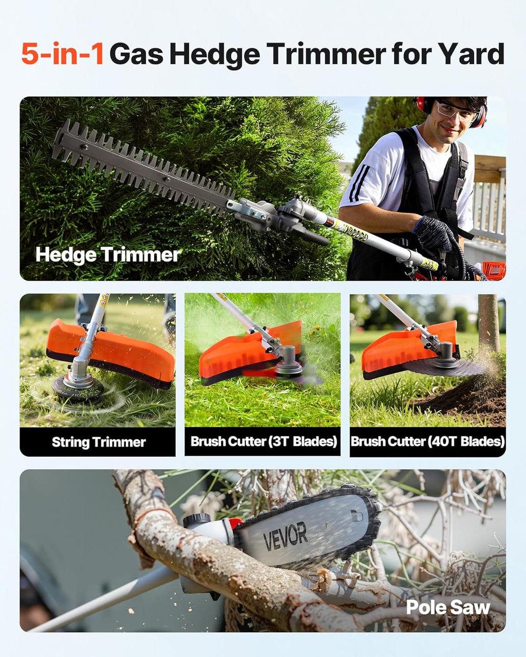 VEVOR Gas Hedge Trimmer, 2 Cycle Gas Power Handheld Hedge Trimmer, 5-in-1 63cc Cordless Weed Eater with Protective Gear Set, Includes Hedge and String Trimmer, Brush Cutter(3T & 40T Blades), Pole Saw