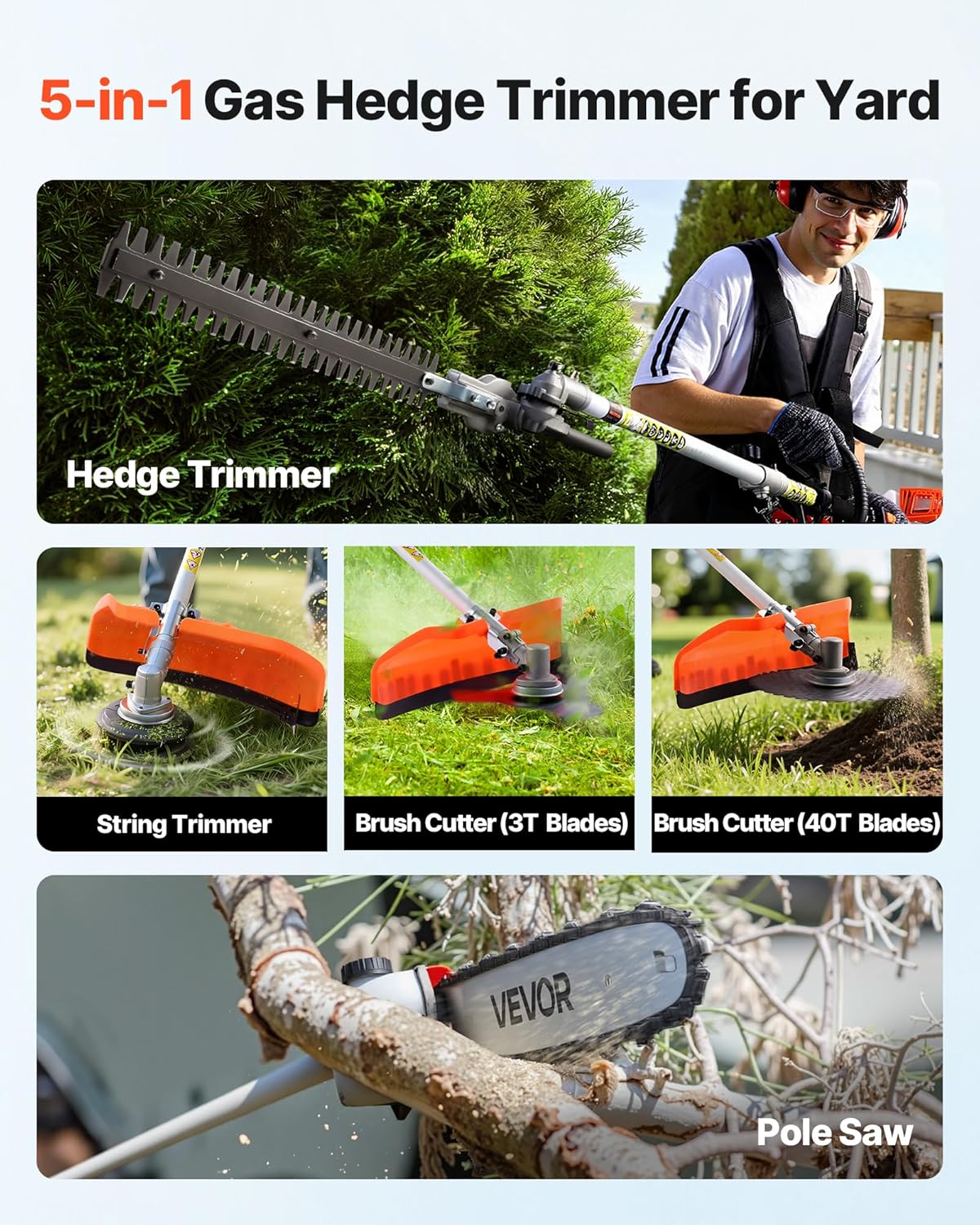 VEVOR Gas Hedge Trimmer, 2 Cycle Gas Power Handheld Hedge Trimmer, 5-in-1 63cc Cordless Weed Eater with Protective Gear Set, Includes Hedge and String Trimmer, Brush Cutter(3T & 40T Blades), Pole Saw