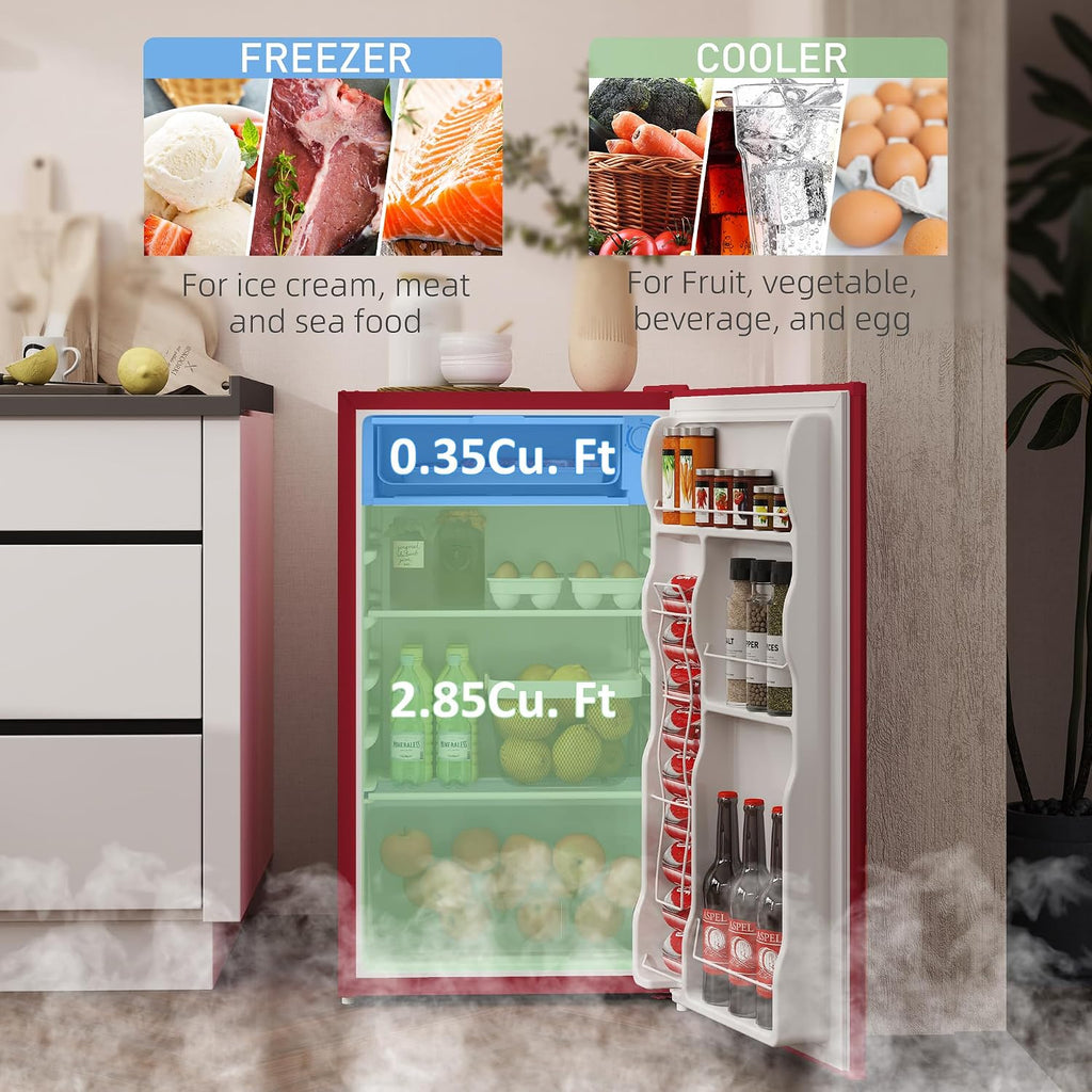HOMCOM 3.2 Cu.Ft Mini Fridge with Freezer, Compact Refrigerator with Adjustable Thermostat, Shelf and Single Reversible Door for Bedroom, Dorm, Home Office, Energy Efficient, Red