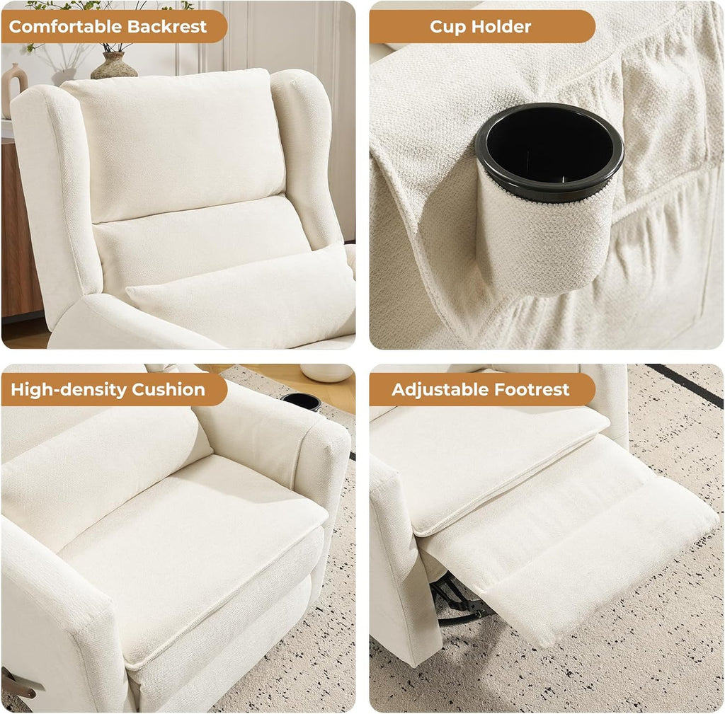 Large Glider Rocker Recliner,Rocking Chair Nursery with Adjustable Headrest,Swivel Rocker Recliner with Lumbar Support,Manual Nursery Rocker Recliner for Living Room& Bedroom,Chenille White