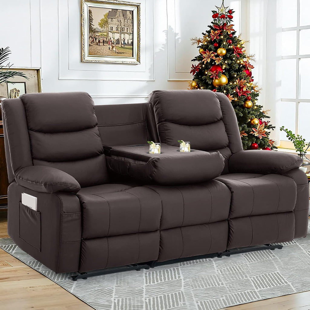 Korser Recliner Sofa, Reclining Loveseat with Console, Oversized Reclining Couch with Drop Down Table, 3-Seater Sofa with Cup Holder and Recessed Power Strip, Brown