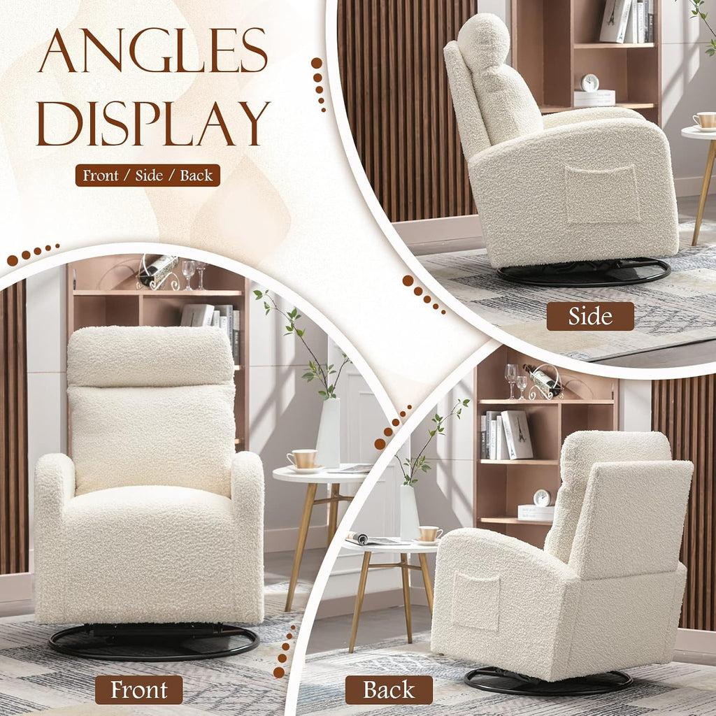 Modern Swivel Glider Chair, Upholstered Accent Glider Rocker for Baby Nursery, Comfy Tall Back Rocking Armchair with Side Pocket and Headrest for Living Room, Bedroom, White Teddy Fabric