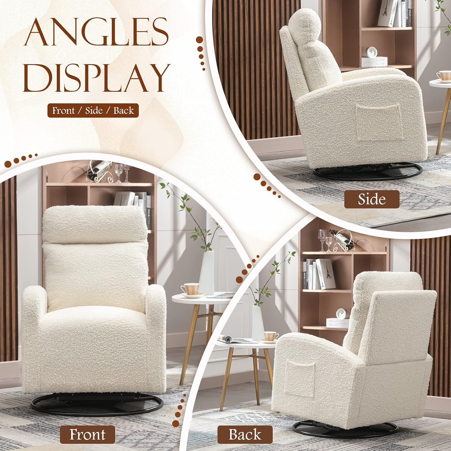Modern Swivel Glider Chair, Upholstered Accent Glider Rocker for Baby Nursery, Comfy Tall Back Rocking Armchair with Side Pocket and Headrest for Living Room, Bedroom, White Teddy Fabric
