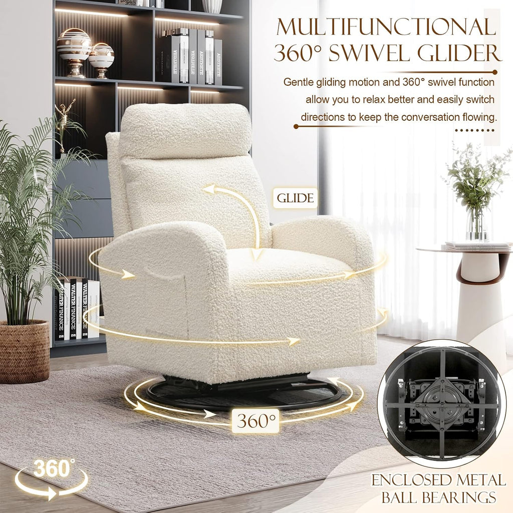 Modern Swivel Glider Chair, Upholstered Accent Glider Rocker for Baby Nursery, Comfy Tall Back Rocking Armchair with Side Pocket and Headrest for Living Room, Bedroom, White Teddy Fabric