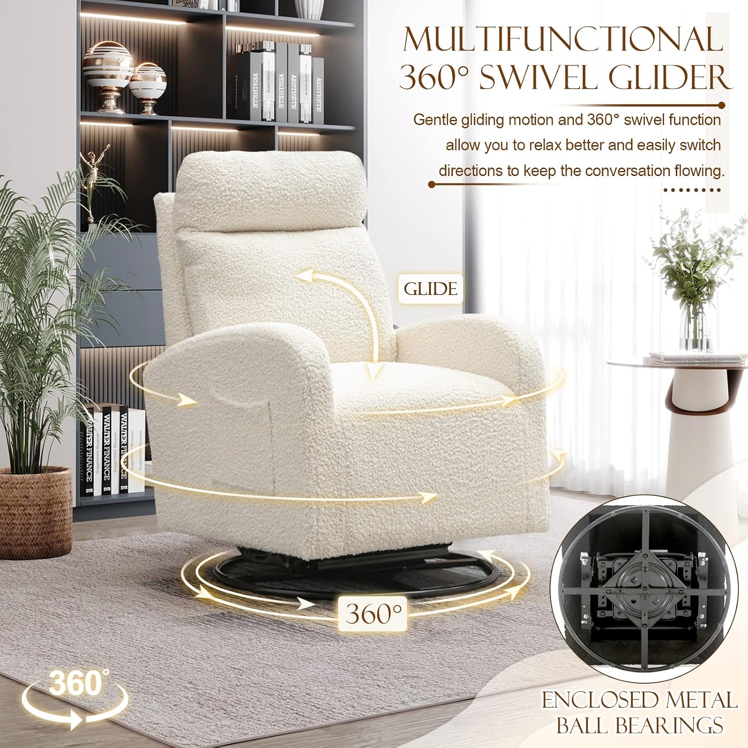 Modern Swivel Glider Chair, Upholstered Accent Glider Rocker for Baby Nursery, Comfy Tall Back Rocking Armchair with Side Pocket and Headrest for Living Room, Bedroom, White Teddy Fabric