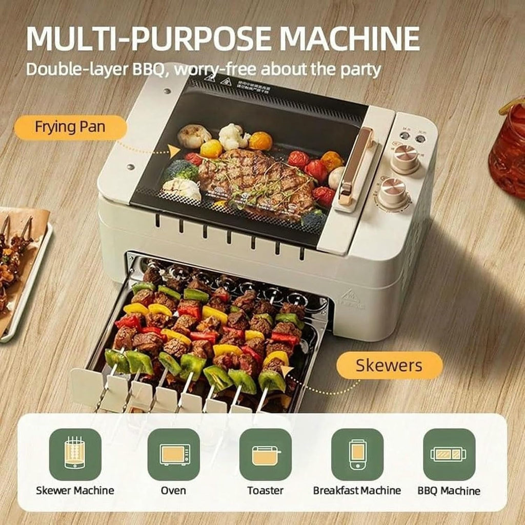 Electric BBQ Kebab Grill Machine - Non-Stick Double Layer Grill Oven for Indoor Outdoor Camping - 360° Rotating Skewers