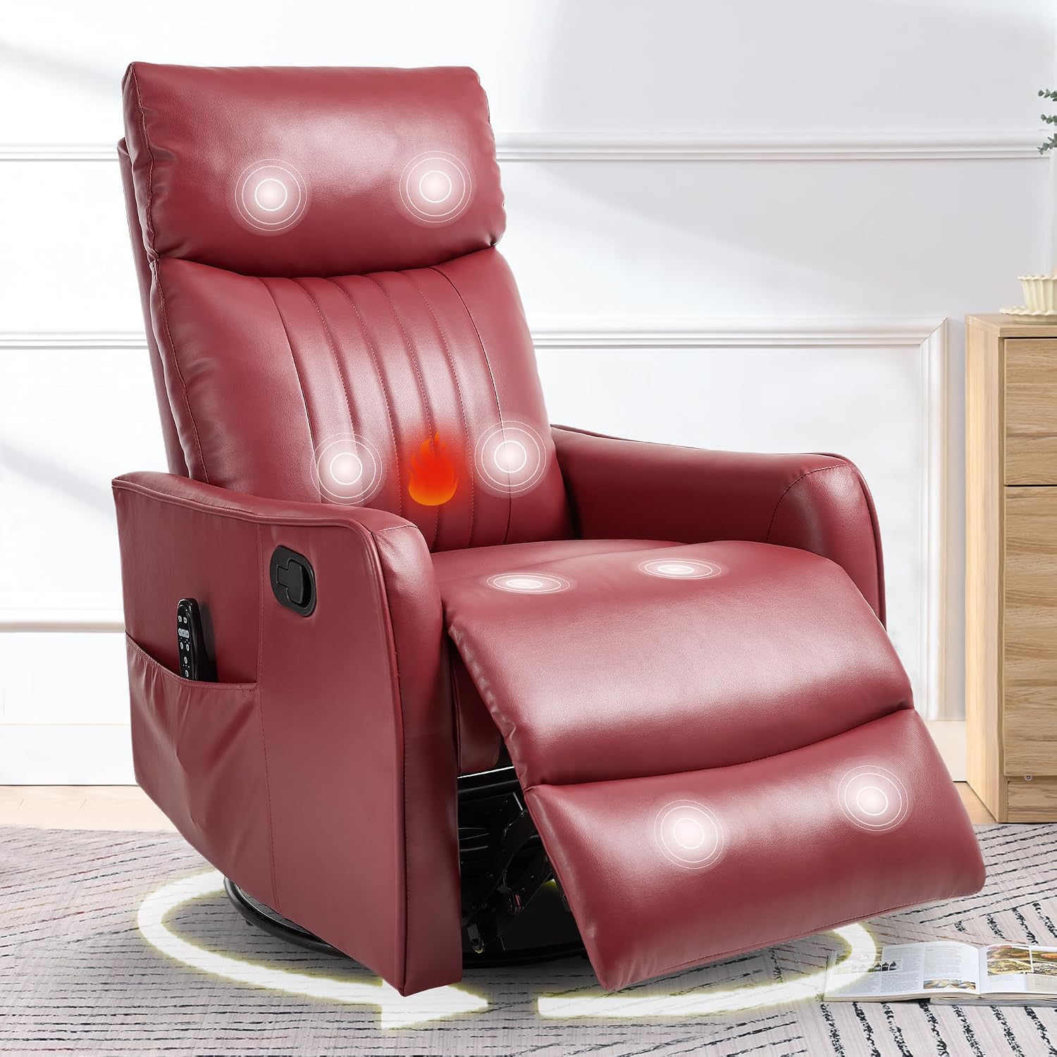 cinkehome Heated Massage Swivel Rocker Recliner Chair for Nursery - Small Space Reclining Chair with Lumbar Support, 360° Swivel & Gentle Rocking, Ergonomic High Back Faux Leather Red