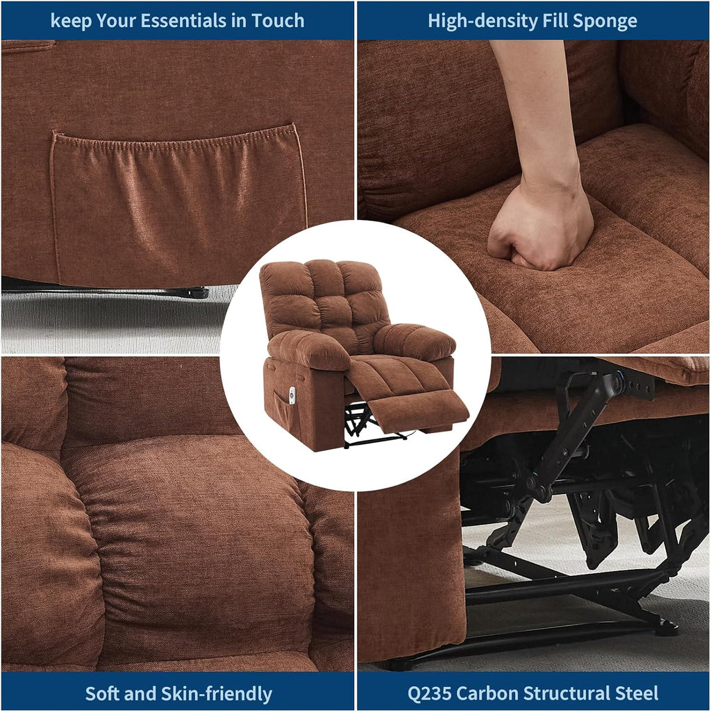 Recliner Rocking Chair with Massage & Heat, Wide Overstuffed Fabric Recliner with Breathable Upholstery, Ergonomic Design, 2 Side Pockets & Remote Control for Living Room or Bedroom (Brown)