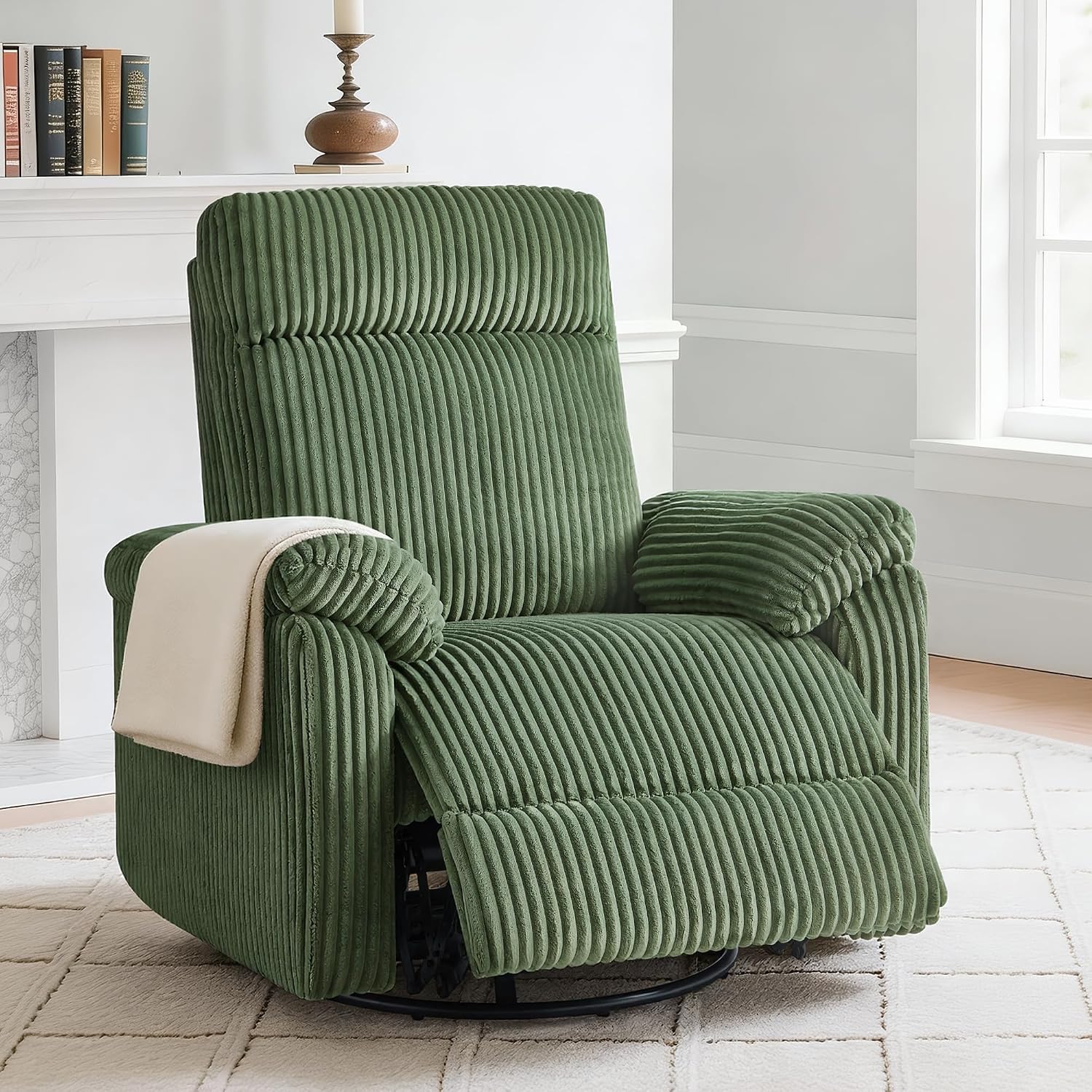 KISLOT Swivel Rocker Recliner for Adults, Corduroy 360 Degree Swivel Glider Recliner Manual 3-Position Adjustable Easy Assembly for Small Space Living Room Nursery Bedroom