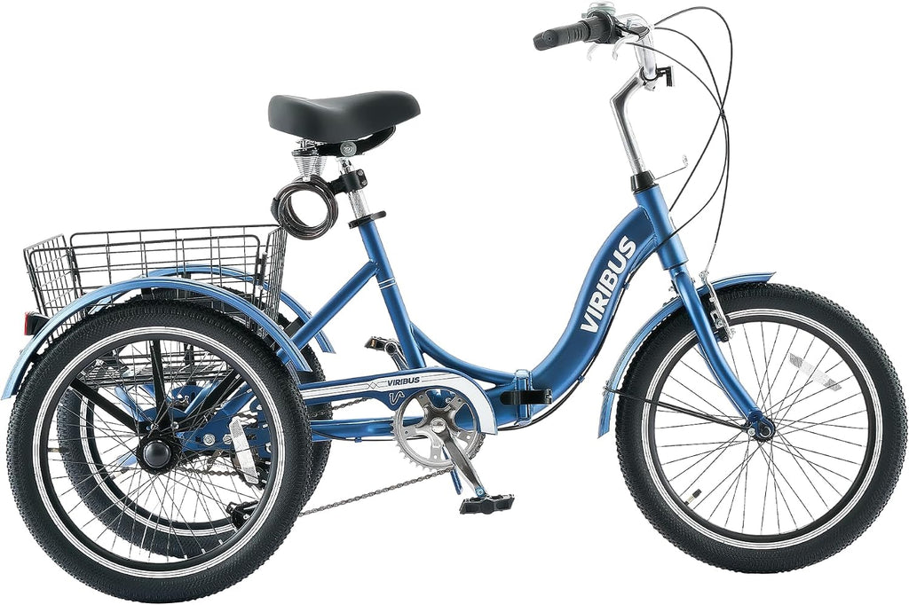 VIRIBUS Folding Tricycle for Adults, 20 inch Foldable Adult Tricycle 1 or 7 Speed Speed with Basket, Folding 3 Wheel Bikes for Adults Senior Women Men, Collapsible Mini Trike, Three Wheeler 330lb.