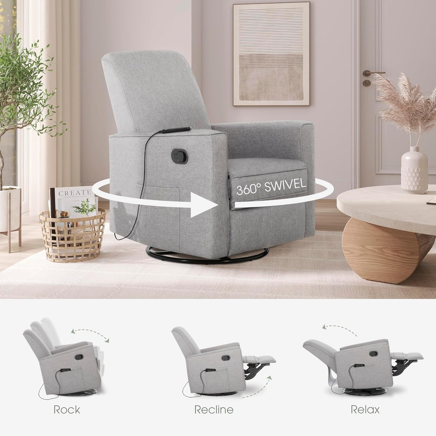 Evolur Raleigh Glider with Massager in Charcoal, Upholstered Plush Seating 360° Swivel Glider Rocking Chair, FSC Certified, Greenguard Gold & JPMA Certified Nursery Glider Recliner