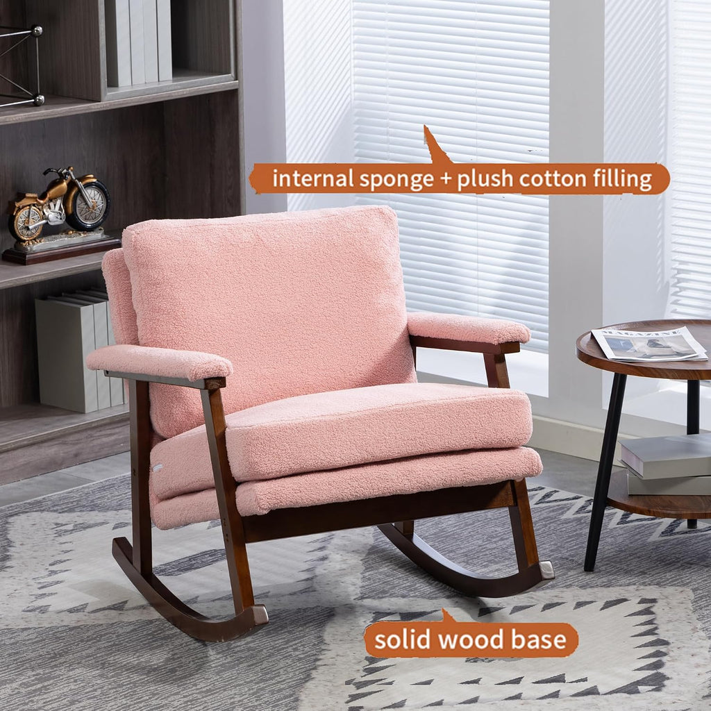 Nursery Rocking Chair Velvet Upholstered Accent Rocker Chair with Backrest Comfy Soft Rocker Glider Solid Rubber Wood Leg for Bedroom Living Room Nursing Room, Pink