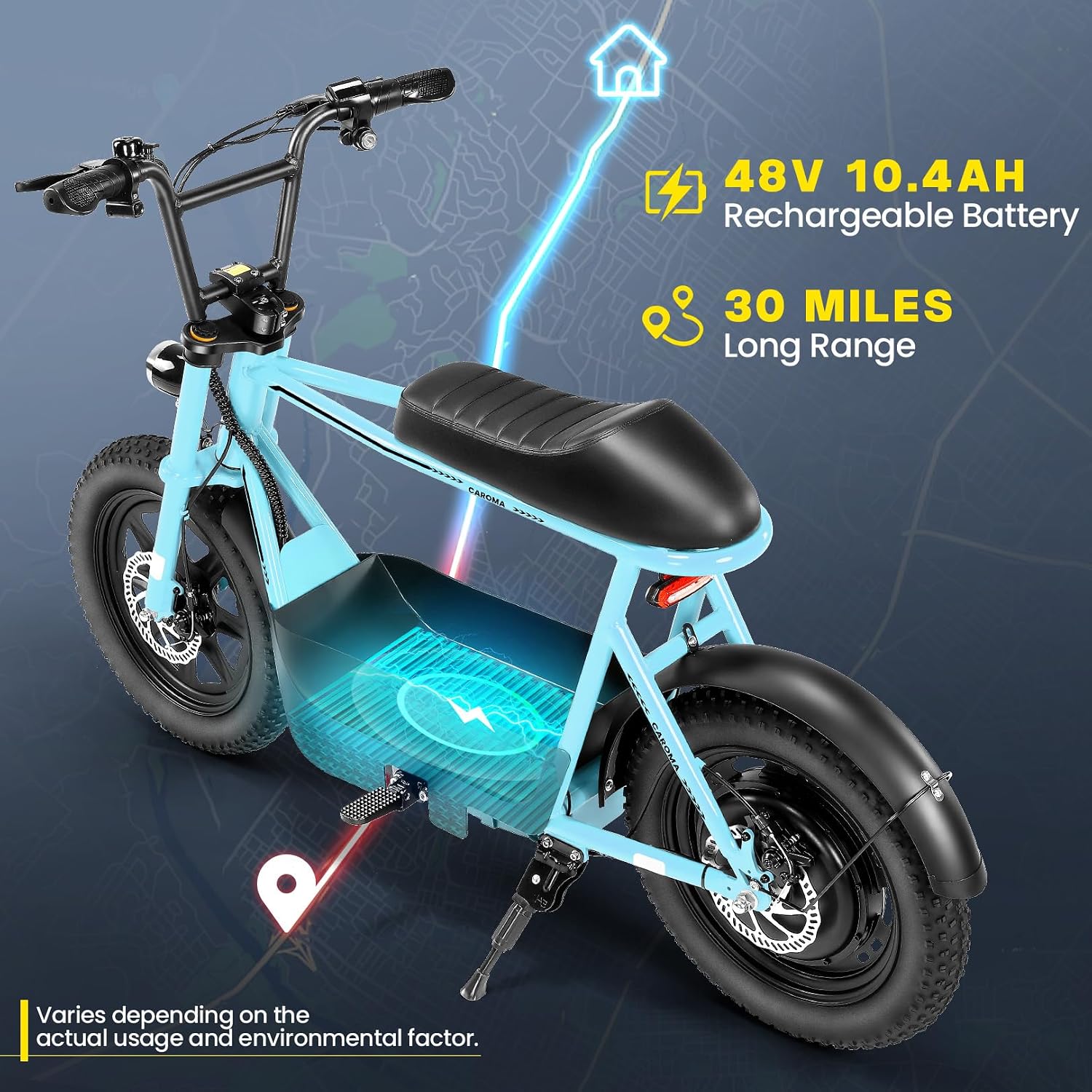 Caroma Peak 1200W/800W/500W Electric Scooter with Seat,16'×3' Fat Tire Ebike All-Terrain,Max 30Miles&20MPH Electric Scooter Adults,Electric Motorcycle Adults with Storage Basket for Pets&Cargo