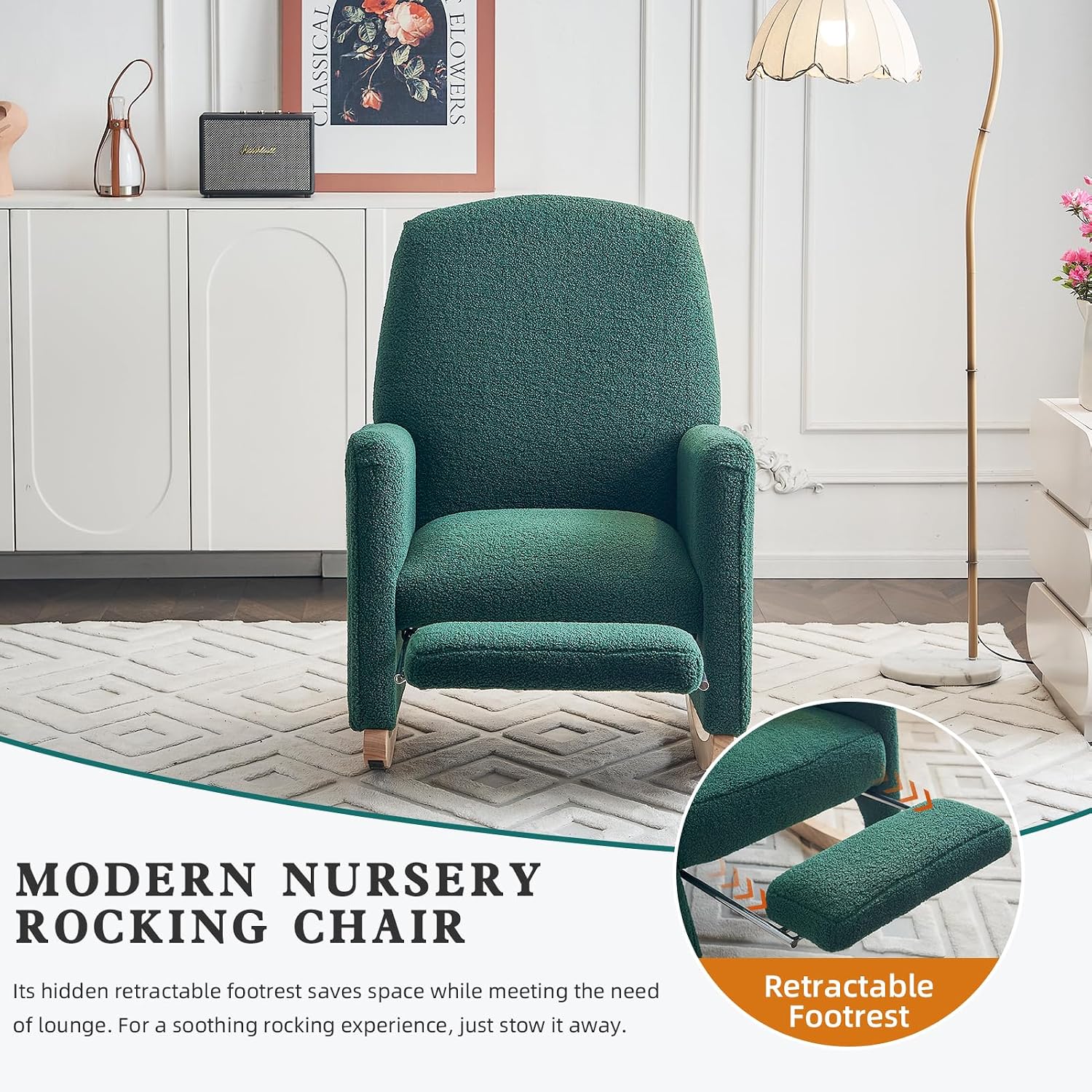 Rocking Chair Nursery with Foot Rest, Teddy Nursing Rocking Chair with High Backrest, Glider Rocker Chair for Living Room, Bedroom, Nursery(Teddy Green)