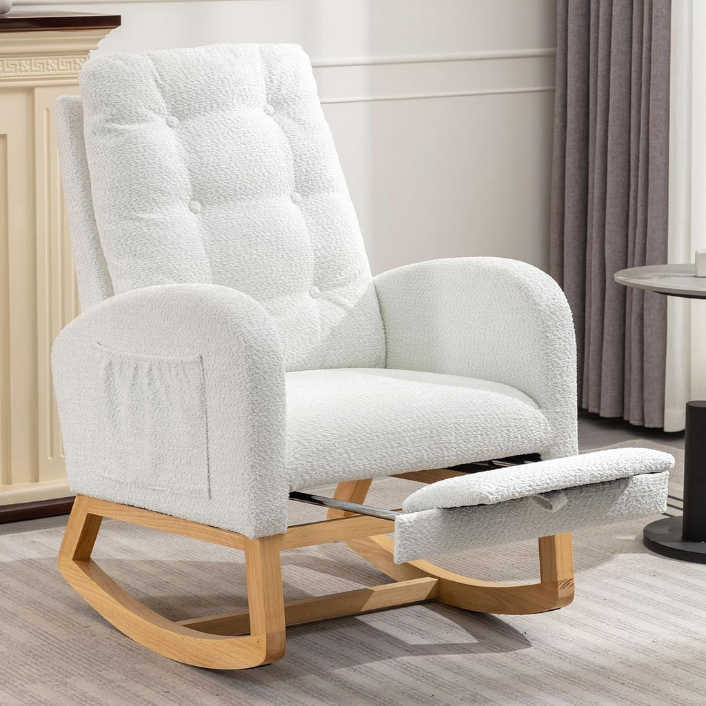 NIOIIKIT Rocking Chair Nursery, Polar Fleece Upholstered Glider Chair with Footstool, Tufted Rocker Recliner Chair with Side Pocket, Comfy Glider Accent Chair for Living Room (White Polar Fleece)
