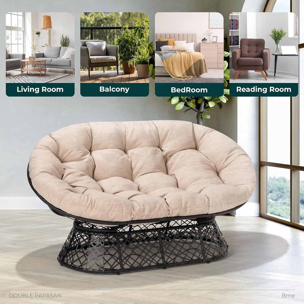 Bme Double Papasan Chair, 600lbs Capacity, Ergonomic Design, Soft Thick Cushion, Bee-Designed Frame, Durable Steel, 61', Beige - Black Base