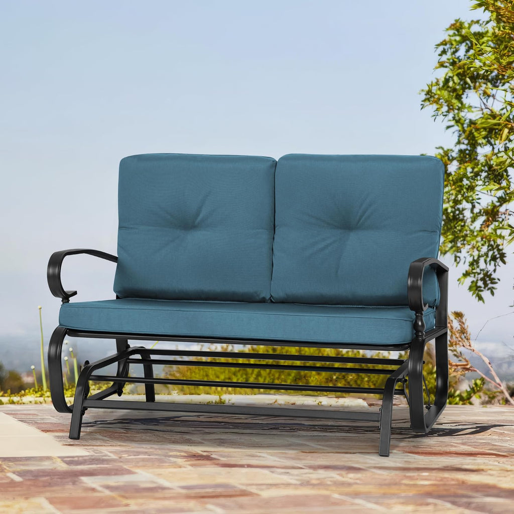 Crownland Outdoor Patio Glider Chair, Rocking Glider Bench for 2 Person, Porch Furniture Loveseat Seating, Wrought Iron Patio Textilene Gliders for Outside, Porch, Garden(Peacock Blue)