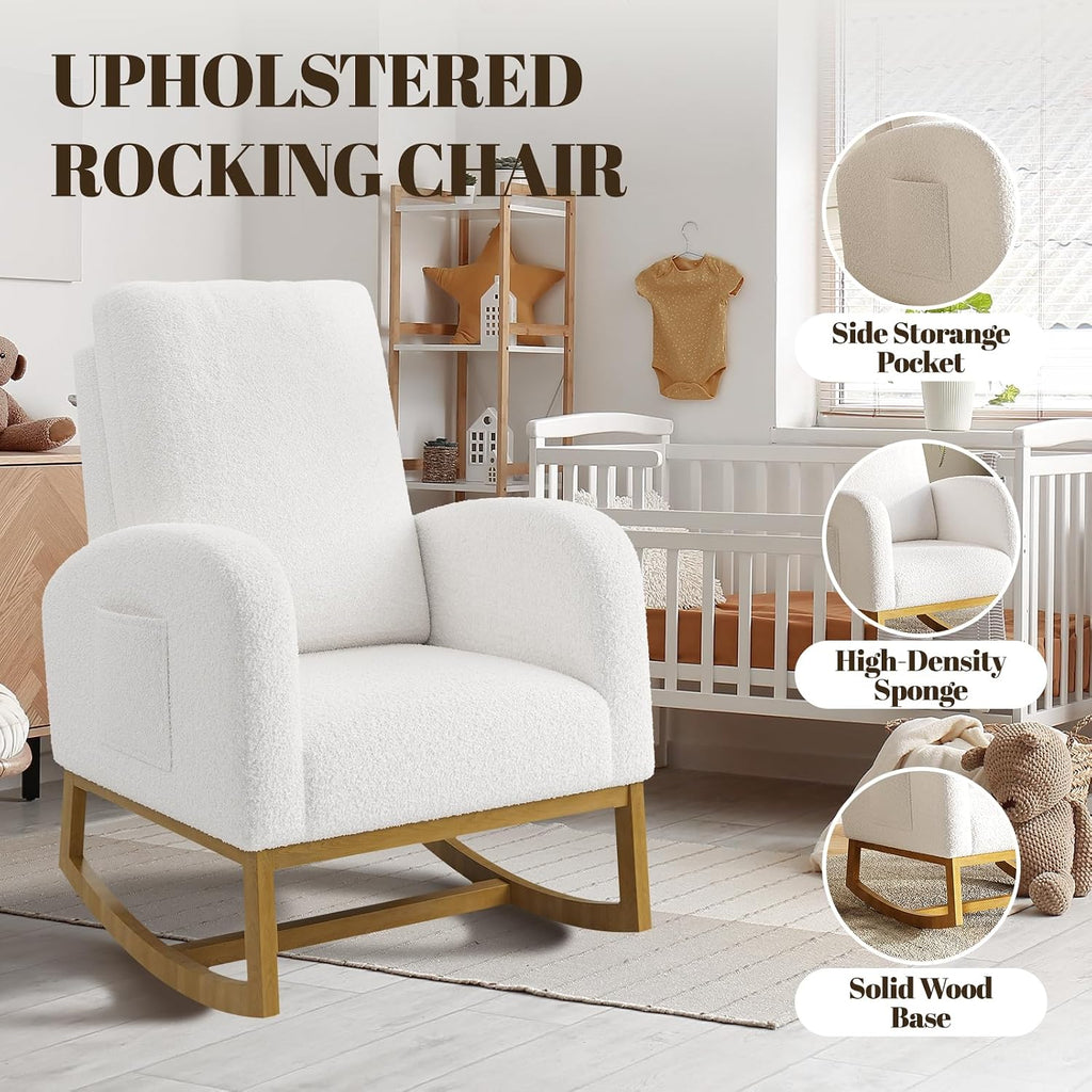 Teddy Upholstered Rocking Chair Nursery, Glider Rocker Chair with High Backrest and Side Pocket, High Back Accent Chair with Wood Legs, Comfy Side Chair for Nursery- White