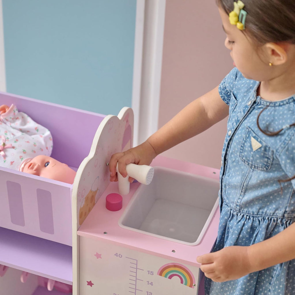 Olivia's Little World Fantasy Care Doll Nursery 6-in-1 Unicorn Themed Baby Station with Cradle, Washer, High Chair, Sink & Closet with 3 Wooden Hangers for Pretend Play, for Girls Ages 3 and Up